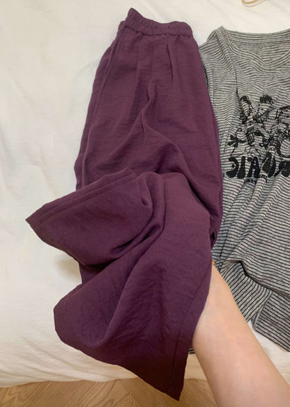 Simple Purple Elastic Waist Cotton Wide Leg Pants Fall