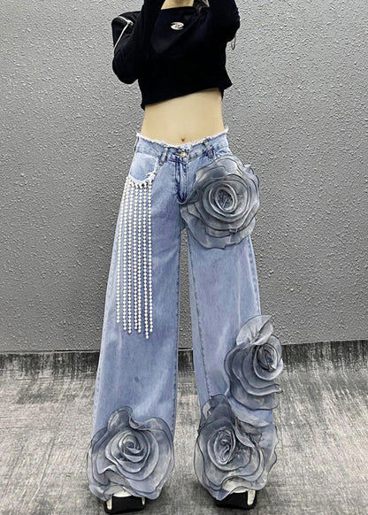 Blue Pockets Bead Tassel Denim Pants Fall