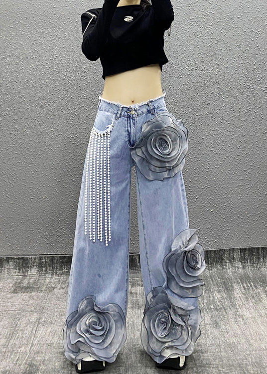 Blue Pockets Bead Tassel Denim Pants Spring