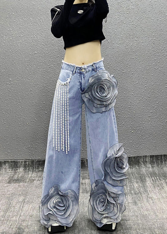 Blue Pockets Bead Tassel Denim Pants Spring