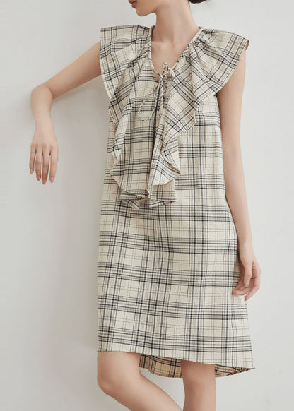 Apricot Ruffled Plaid Cotton Mid Dresses Summer