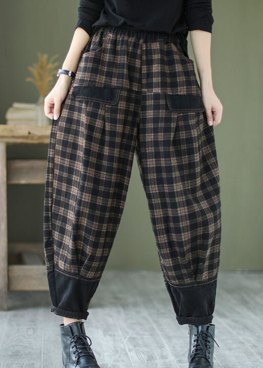 French Black Plaid Patchwork Denim Pants Spring