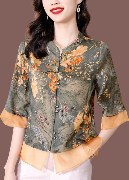 Green Stand Collar Tulle Patchwork Print Silk Shirt Tops Half Sleeve