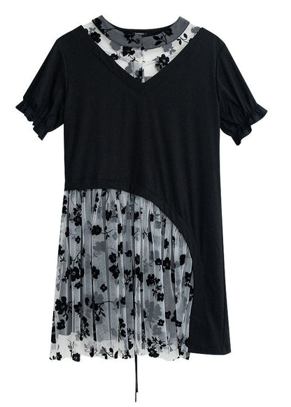 Black White Tulle Patchwork Cotton Dresses Print Short Sleeve