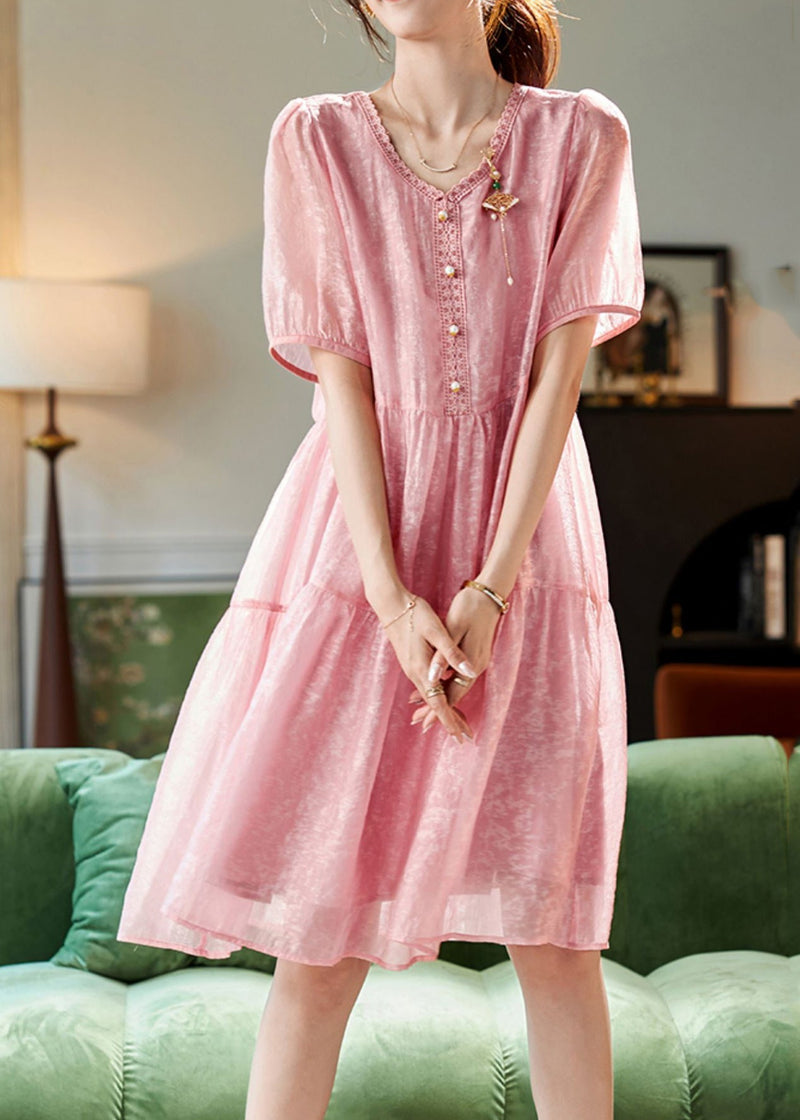 Pink V Neck Lace Patchwork Chiffon Long Dresses Short Sleeve Summer