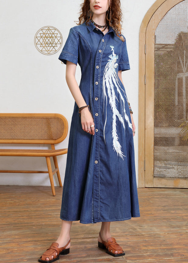 Blue Peter Pan Collar Patchwork Button Long Denim Dress Short Sleeve