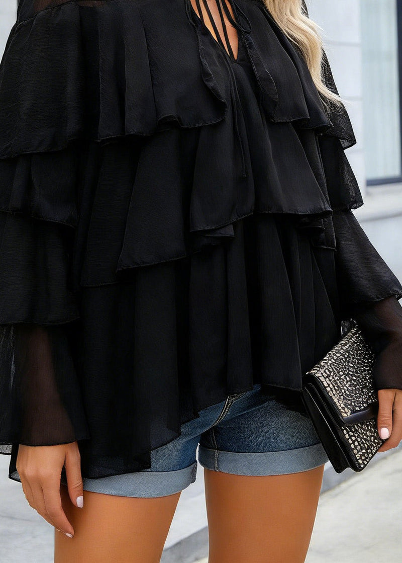 Fine Black Ruffled Patchwork Chiffon Blouse Top Spring