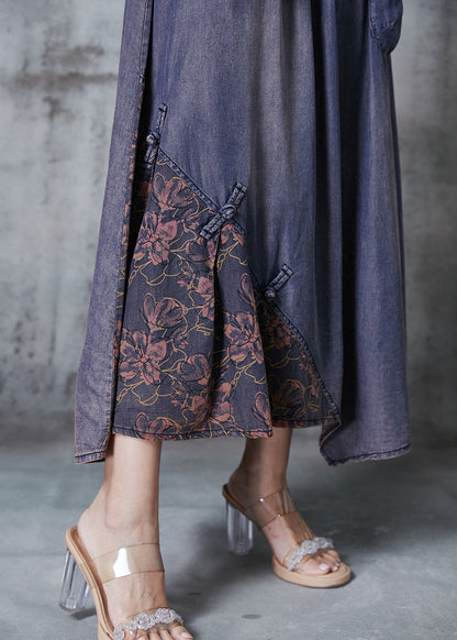 Diy Blue Asymmetrical Patchwork Chinese Button Denim Two Piece Suit Set Summer