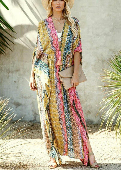 Simple Print Tie Waist Loose Kimono Robe Holiday Cotton Dress
