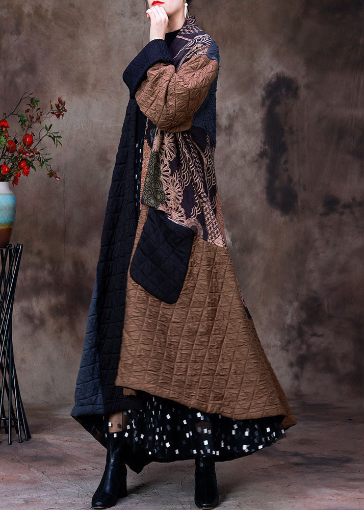 Handmade Chocolate Black Asymmetrical Patchwork Fine Cotton Filled Witner Coats