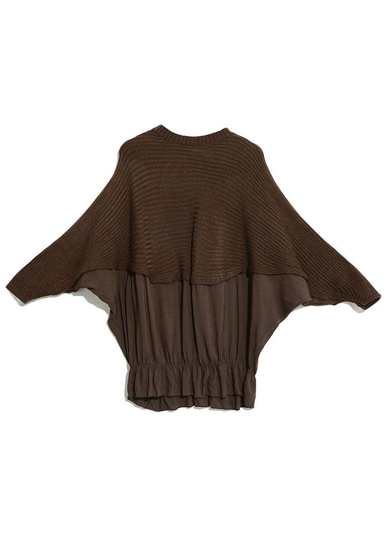 Chocolate O-neck Batwing Sleeve Patchwork Knit Top