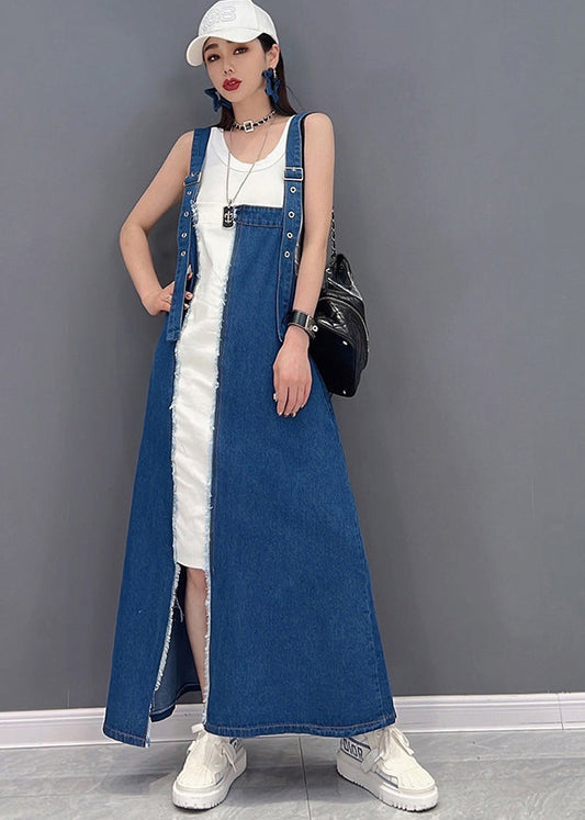 Denim Blue Asymmetrical Design Patchwork Cotton Fake Two Piece Strap Dress Summer