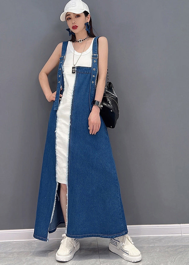 Denim Blue Asymmetrical Design Patchwork Cotton Fake Two Piece Strap Dress Summer