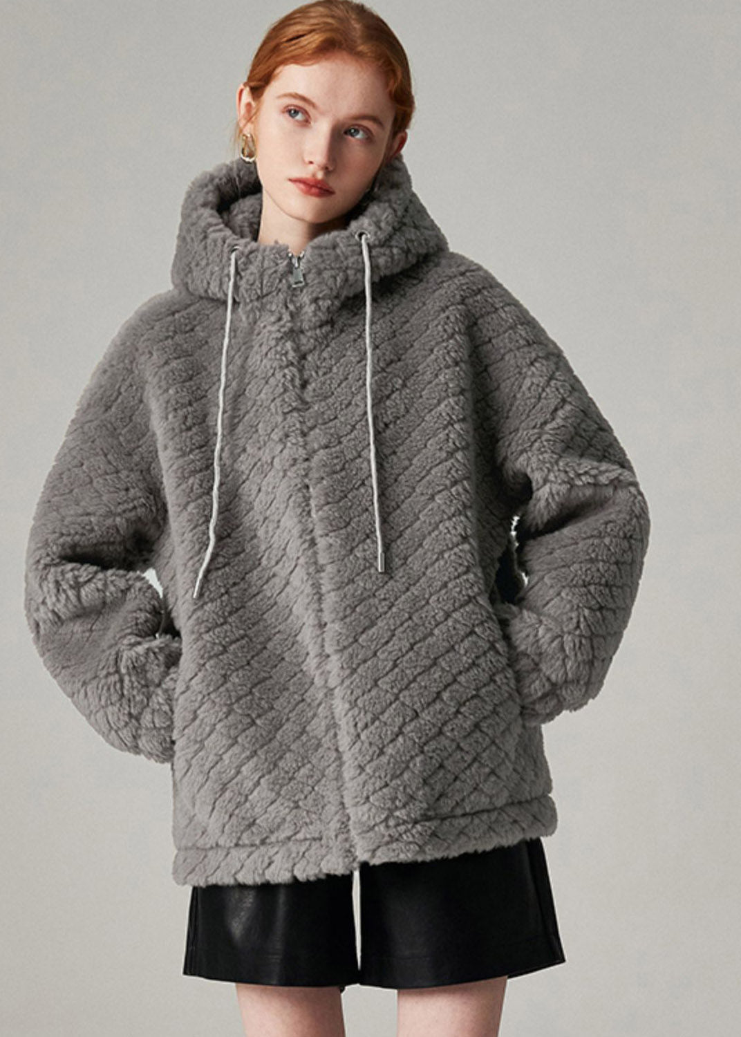Grey Drawstring Faux Fur Hooded Coat Winter
