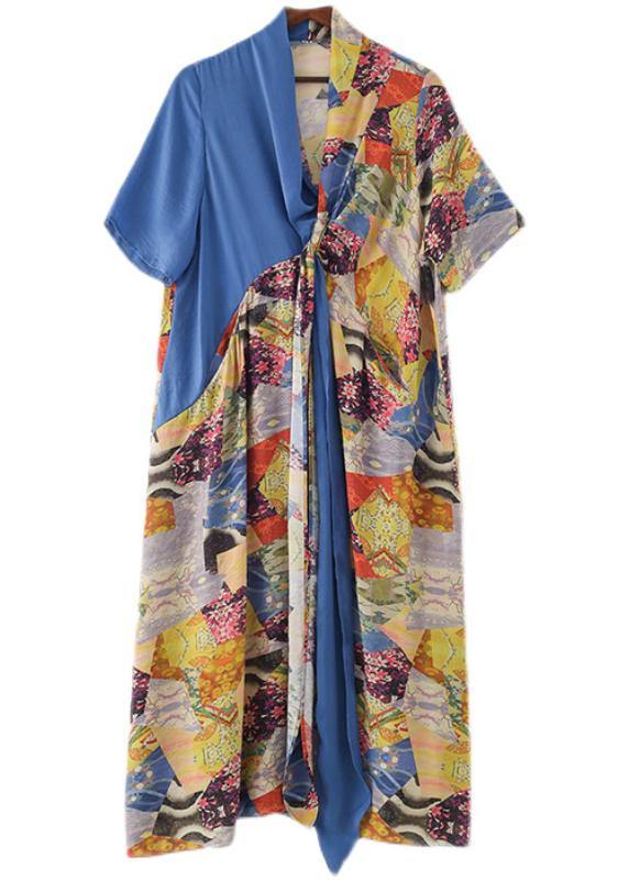 Simple Blue Print Patchwork Summer Chiffon Dress