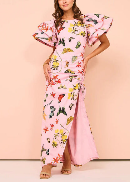 Pink Print Lace Up Side Open Cotton Dresses Butterfly Sleeve