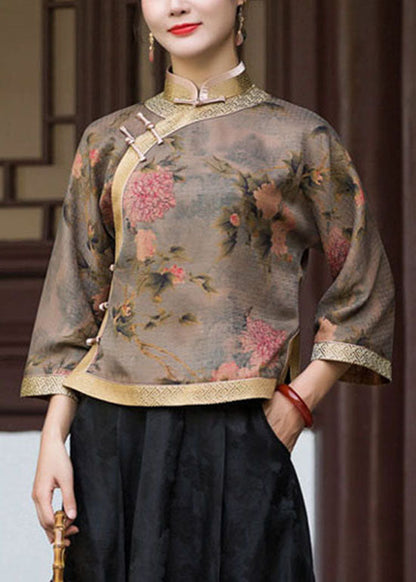 Oriental Chocolate Stand Collar Button Print Silk Blouse Tops Spring