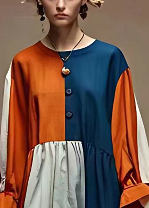 Colorblock Oversized Patchwork Linen Dress Flare Sleeve