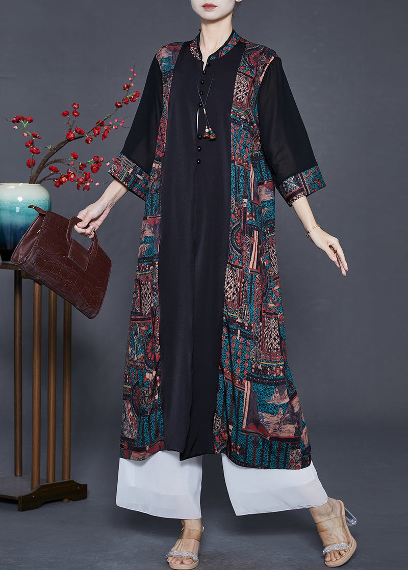 Black Mandarin Collar Patchwork Print Silk Cardigans Fall