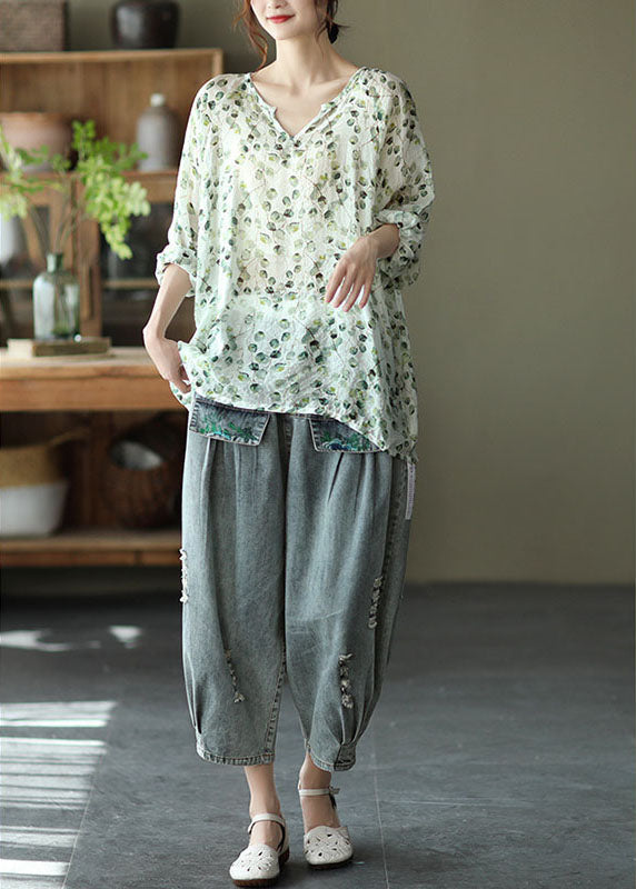 Stylish Green V Neck Print Fall Tops Long Sleeve