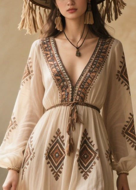 White V Neck Print Chiffon Dresses Fall