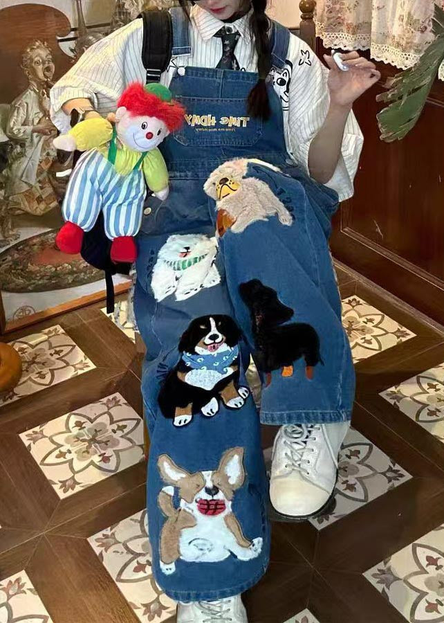 Fitted Blue Oversized Animals Denim Jumpsuit Summer