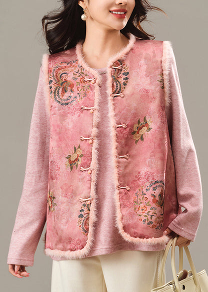 Pink O-neck Print Patchwork Mink Hair Waistcoat Winter