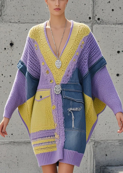 Purple Asymmetrical Patchwork Denim Long Sweater Batwing Sleeve