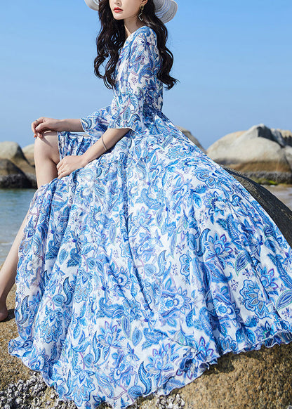 Blue V Neck Print Elastic Waist Chiffon Vacation Maxi Dresses Flare Sleeve
