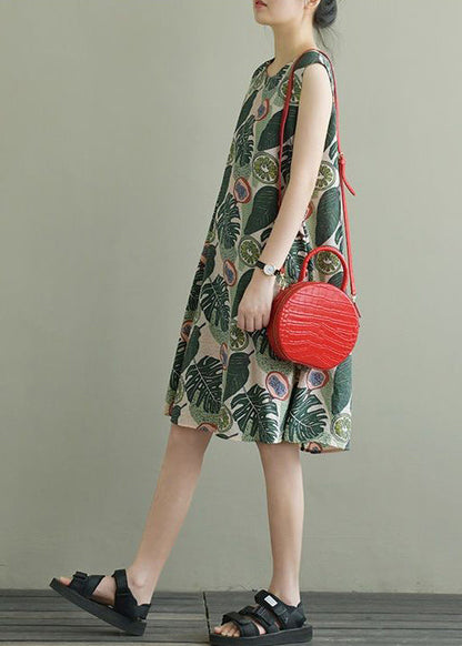 Green O-neck Print Bow Cotton a Line Dress Sleeveless