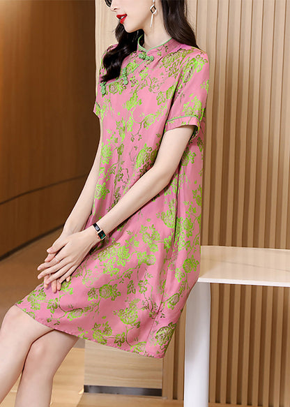 Pink Mandarin Collar Jacquard Silk Cheongsam Dresses Short Sleeve