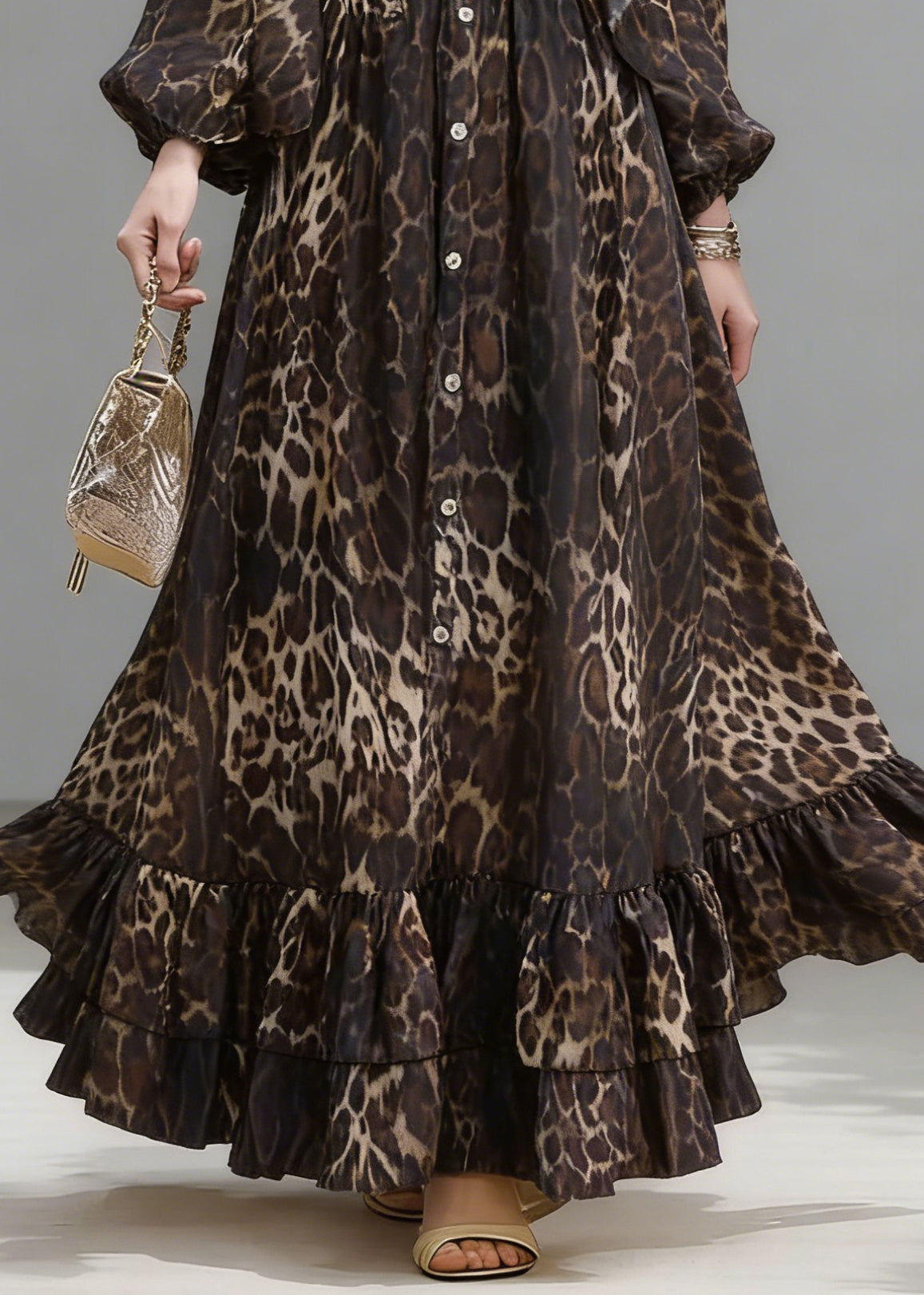 Stylish Brown Oversized Leopard Print Long Dress Lantern Sleeve