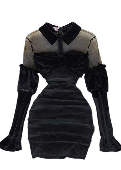 Black Peter Pan Collar Tulle Patchwork Bow Velour Hip Dress Long Sleeve