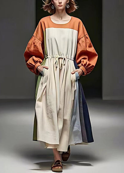 Colorblock Cinched Patchwork Cotton Vacation Dresses Puff Sleeve