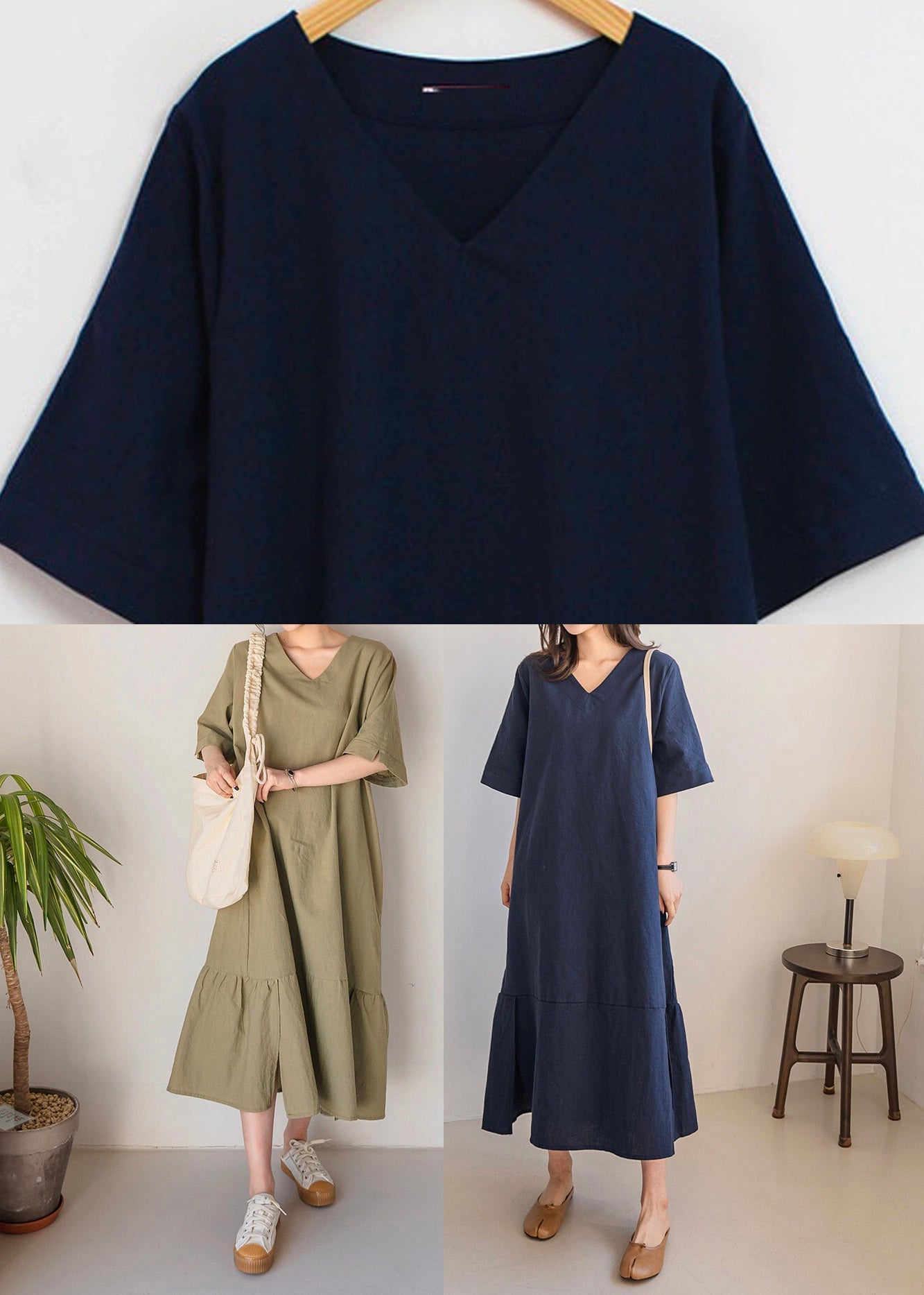 Navy Side Open Long Dresses Short Sleeve