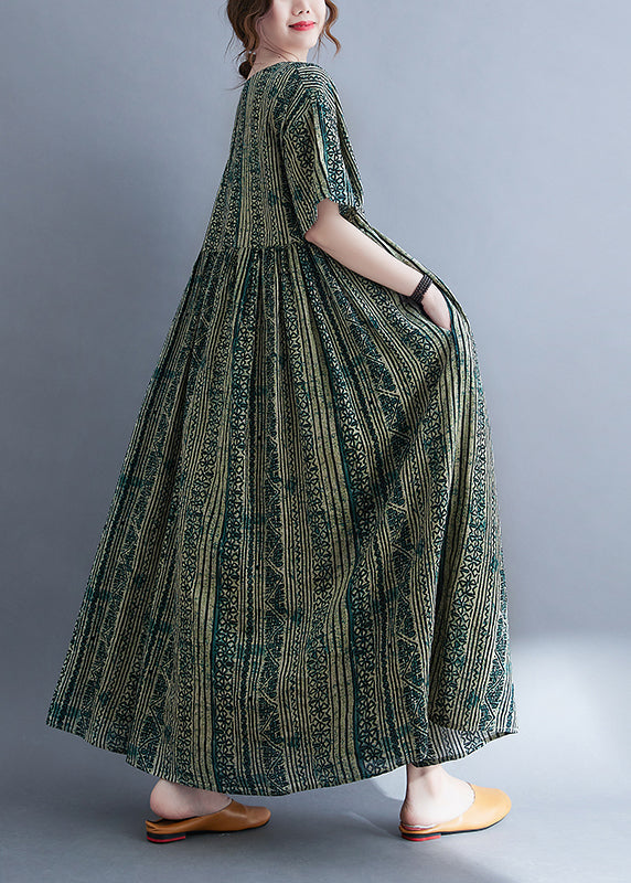 Green O-neck Cinched Print Extra Large Hem Long Dresses Short Sleeve