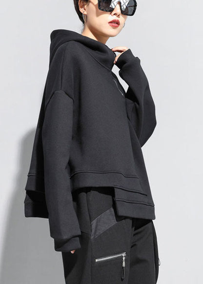 Black Hooded Zippered Asymmetrical Design Fall Sweatshirts Top