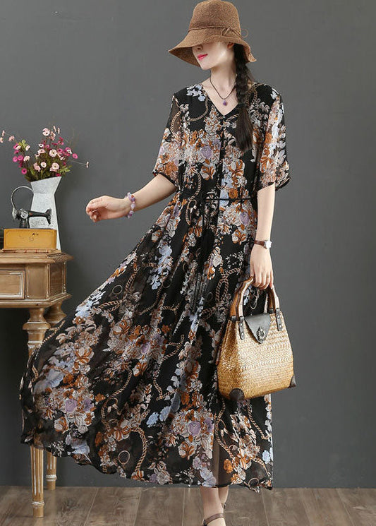 Black V Neck Tie Waist Print Chiffon Vacation Dresses Short Sleeve