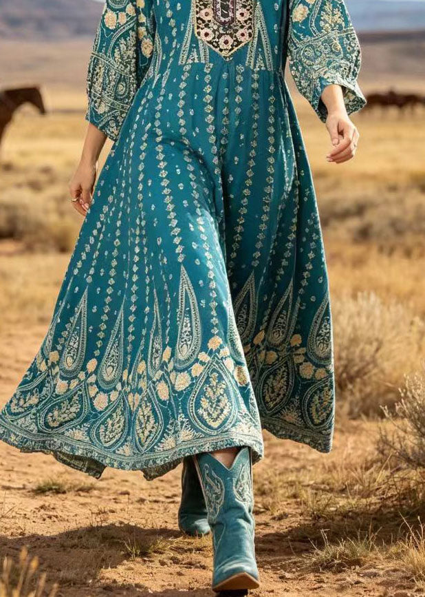 Blue O Neck Print Cotton Ankle Dress Summer