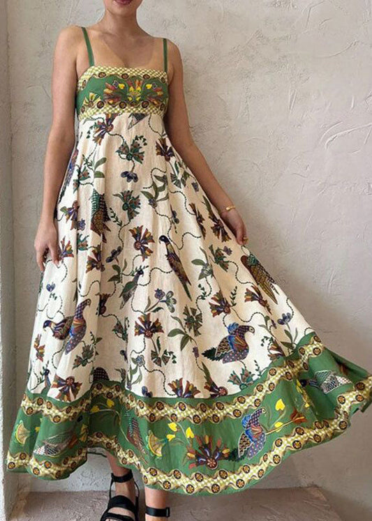 Green Print Pockets Patchwork Cotton Spaghetti Strap Dress Sleeveless