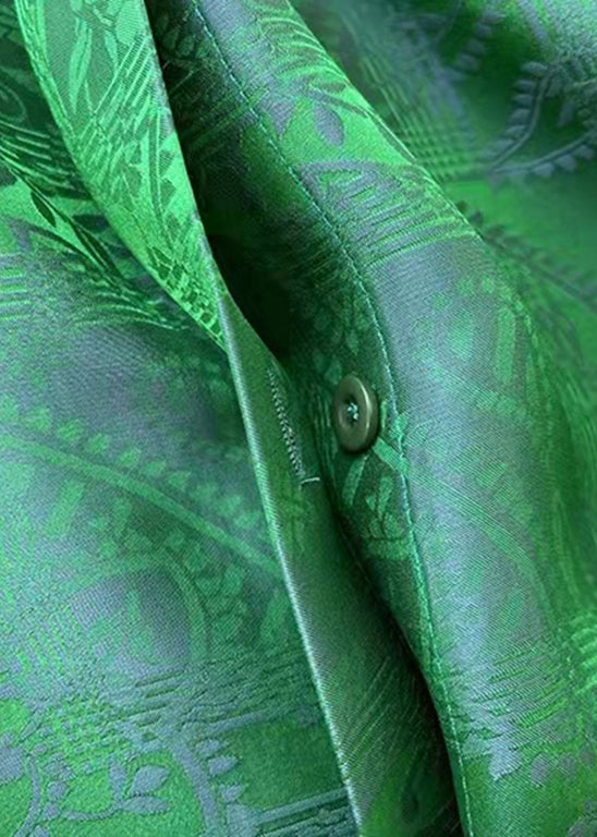 Green Stand Collar Button Jacquard Silk Blouse Tops Long Sleeve