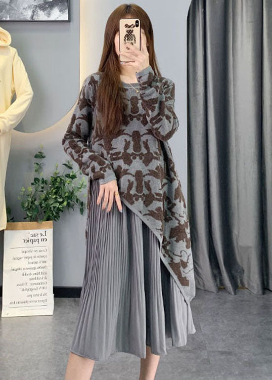 Grey Asymmetrical Patchwork Knit Long Dresses Spring