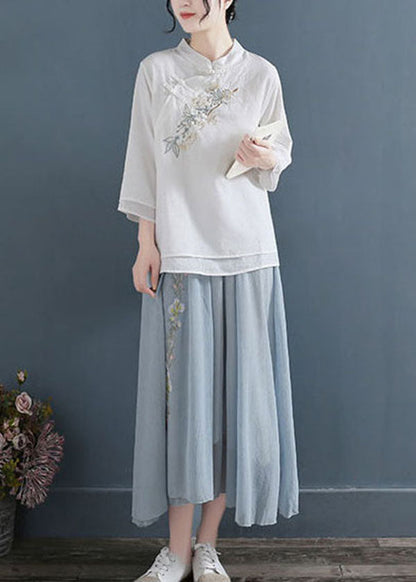 White Mandarin Collar Cotton Fake Two Piece Shirts Three Quarter Sleeve