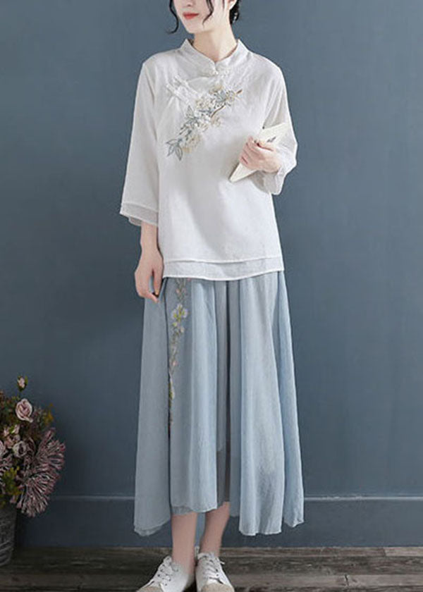 White Mandarin Collar Cotton Fake Two Piece Shirts Three Quarter Sleeve