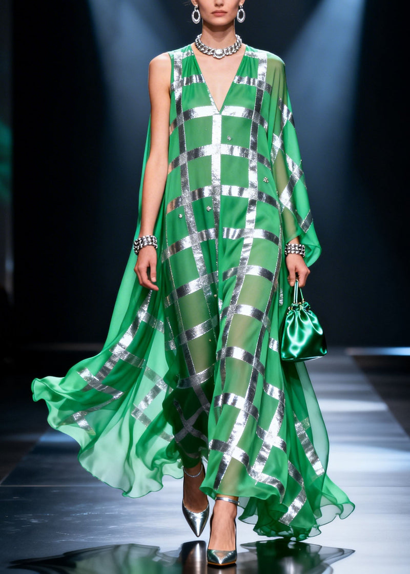 Green V Neck Print Chiffon Long Dress Summer