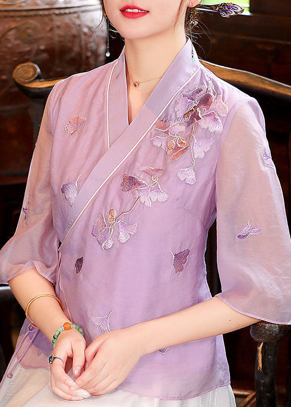 Slim Fit Purple Tie Waist V Neck Silk Tops Spring