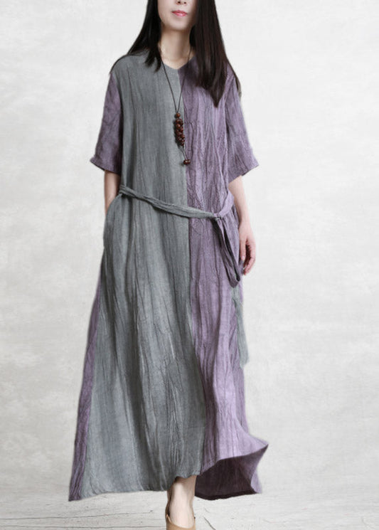 Purple Grey Patchwork V Neck Pockets Wrinkled Tie Waist Linen Dress Half Sleeve