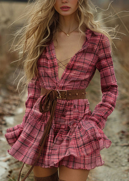 Plaid Ruffled Pastoral Style Long Sleeve Mini Dress