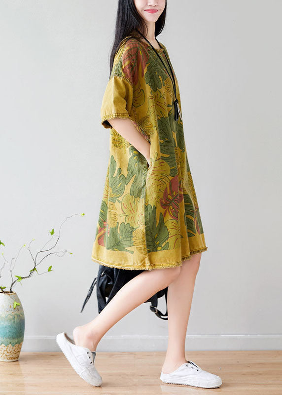 French Yellow O-neck Oversized Print Cotton Vacation Dresses Short Sleeve