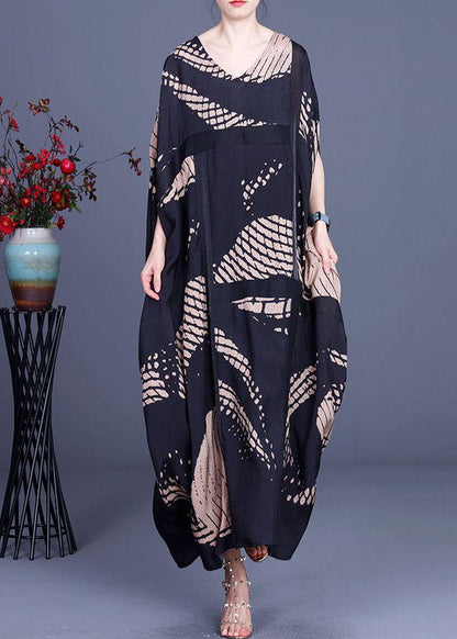 Loose Black Print O-neck Batwing Sleeve Silk Dresses Summer